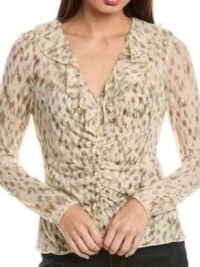 CAbi Dapple Top V Neck Ruffle Mesh Cream Green Brown Size S NWOT